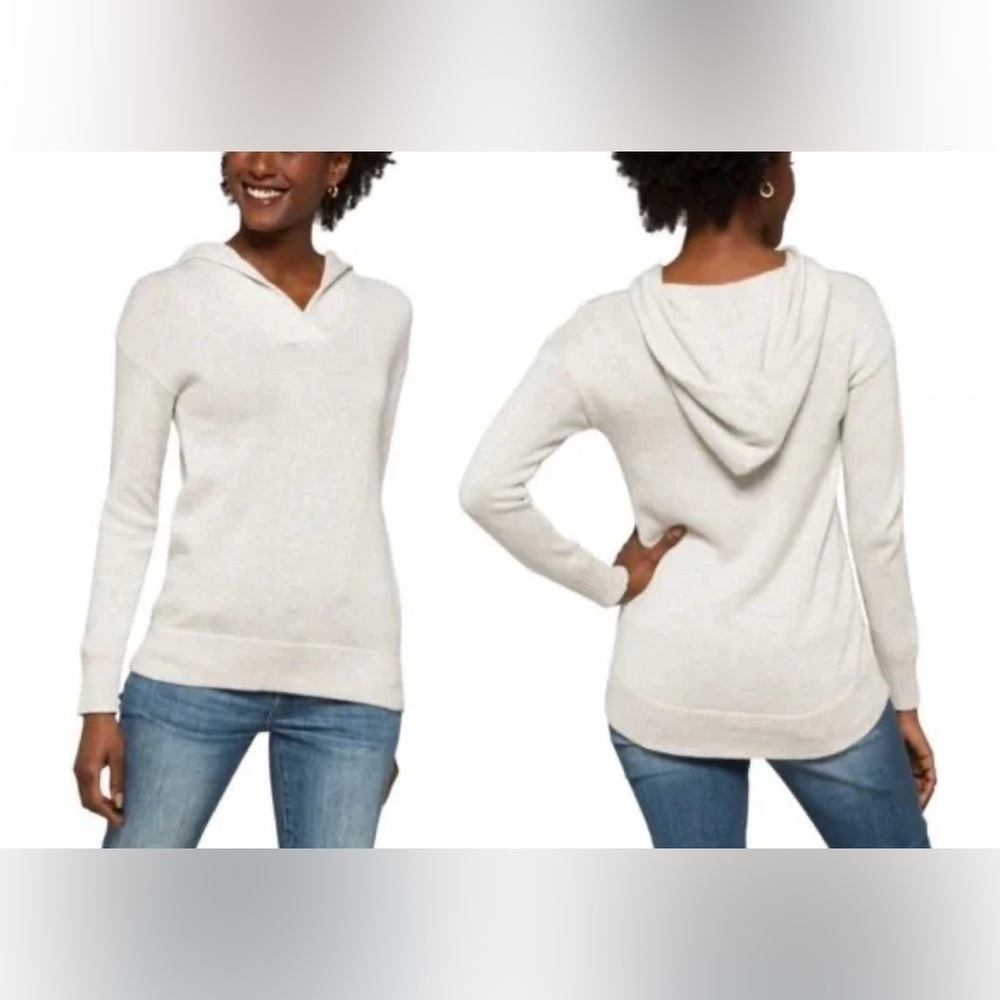 Market & Spruce Layna Hooded Cotton blend pullover Light Gray and Pink Sweater